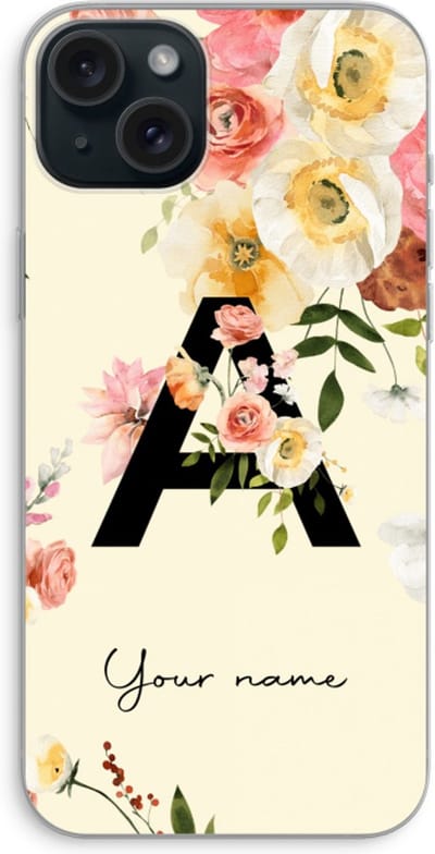 Gepersonaliseerd - Case Company® - Hoesje geschikt voor iPhone 15 Plus hoesje - Flirty Flowers Monogram - Soft Cover Telefoonhoesje - Bescherming aan alle Kanten en Schermrand