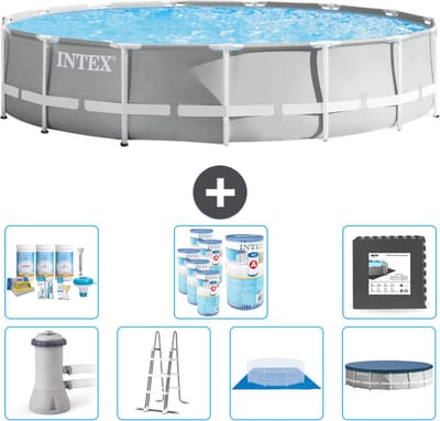 Intex Rond Prism Frame Zwembad - 457 x 107 cm - Grijs - Inclusief Pomp - Ladder - Grondzeil - Afdekzeil Onderhoudspakket - Filters - Vloertegels