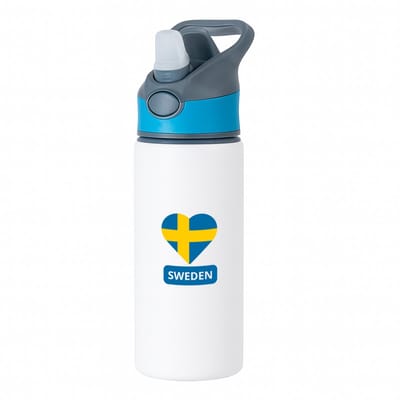 Hacebo® - Sweden vlag hartje waterfles met rietje blauw - Zweden - reizigers - toerist - verjaardagscadeau - souvenir - vakantie - water fles - 650ML