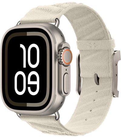 Luxe nylon bandje - geschikt voor Apple Watch 1/2/3/4/5/6/7/8/9/10/11/ SE (1,2,3) met maat 38 mm / 40 mm / 41 mm en 42 mm (Watch 10/11) - rvs gesp - starlight