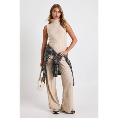 boohoo Dames Zachte Gebreide Lange Mouwloze Coltrui en Wijde Broek Co-Ord | Stone | Maat: Medium