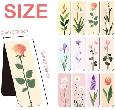 12 Stuks Magnetische Boekenleggers | Bloemen Designs | Pastel | 6x2cm