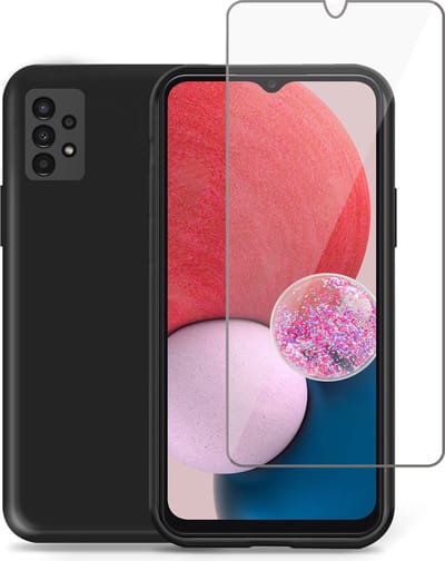 Geschikt voor Samsung A13 4G Hoesje + Screenprotector – Gehard Glas Cover - Suède Case Zwart