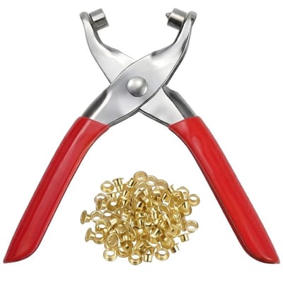 Rode zeilringen DIY ringen set met tang en 100 gouden oogjes dames en heren – metalen oogjes gereedschap voor leer stof riemen en zeildoek – handpers tang voor gaten ponsen en bevestigen