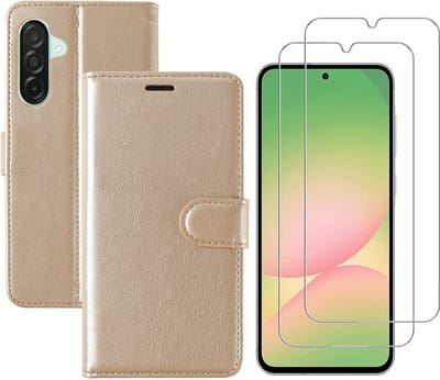 Hoesje geschikt voor Samsung Galaxy A56 bookcase Goud - Met screenprotector tempered glass Galaxy A56 - 2x