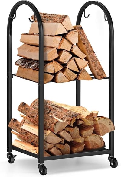 Brandhoutrek met wielen - Houtopslag rek - Haardhout organiseren - Dubbele opslagruimte - 52 x 32 x 85 cm - Zwart