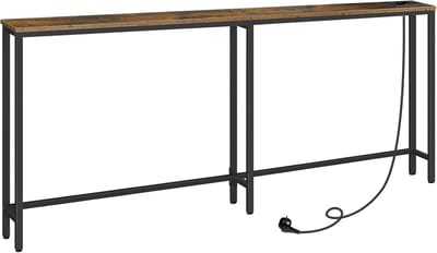 HOMESY Smalle consoletafel met stekkerdoos, 180 x 15 x 80 cm consoletafel met laadstation, smalle banktafel, console achter de bank, voor entree, hal, Vintage Bruin en Zwart