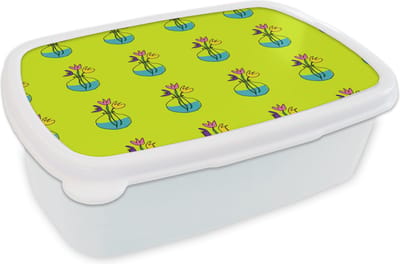 Broodtrommel Wit - Lunchbox - Brooddoos - Bloemen - Vazen - Patronen - 18x12x6 cm - Volwassenen