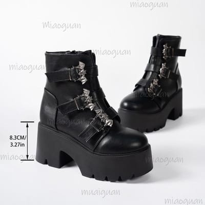 Dames Platform Goth Mode Enkellaarzen Punk Motorfiets Dikke Hoge Hakken Dames Leer Zwart Vleermuis Gesp Enkel Laarzen 42 black