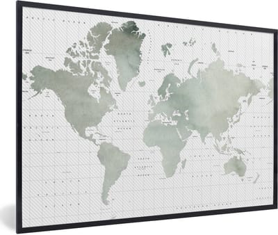 Poster in lijst - Fotolijst 90x60 cm - Posters - Wereldkaart - Waterverf - Grijs - Posterlijst zwart - Decoratie - Wanddecoratie woonkamer - Muurdecoratie slaapkamer