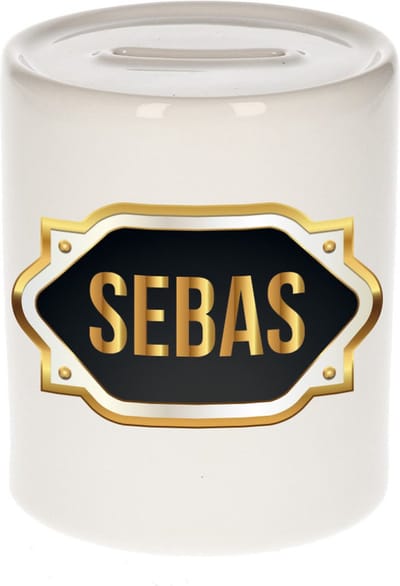 Spaarpot met voornaam Sebas - wit - met goud/zwart embleem - 8 x 9 cm - keramiek - met afsluitdop - cadeau verjaardag