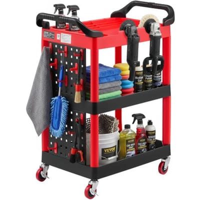 VEVOR Service Trolley Werkplaatstrolley PP Roltrolley 810x425x970mm Zwart & Rood, Gereedschapstrolley met een draagvermogen van 136 kg, incl. 3 niveaus & 4 wielen, gereedschapsbord & handgrepen, Multifunctionele trolley voor garage, werkplaats en magazijn