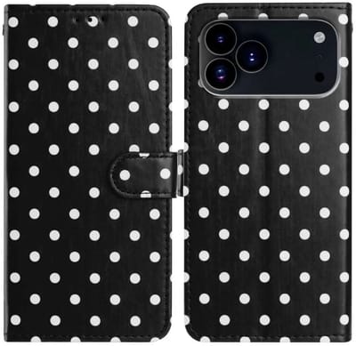 Hoesje Geschikt voor Apple iPhone 17 Pro | Polka Dot Wallet Book Case | Portemonnee Hoesje | 3 Pasjes | Magneetsluiting | Stand Functie | Zwart