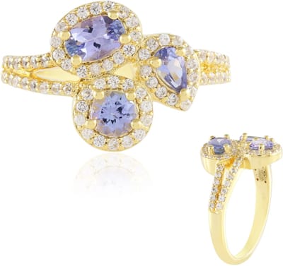 Cavill - Zilveren ring 18K goud verguld - 1,797 ct ovale Tanzaniet & ronde peervormige Zirkonia - elegant handgemaakt sieraad