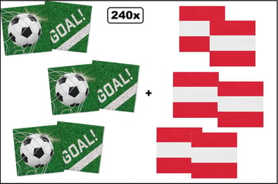 120x Servetten Voetbal 33cm x 33cm + 120x Servetten Oostenrijk 33cm x 33cm - 3 laags - MIX - WK Servet diner eten knoeien restaurant BBQ thema feest verjaardag feest