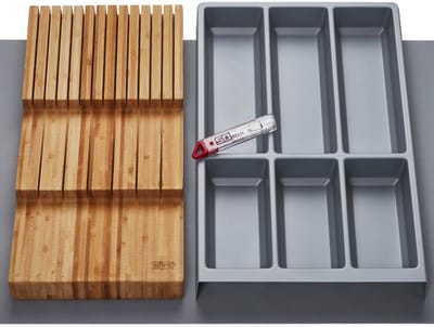 Orga-Box Vario SET 6 zilvergrijs voor lade van 90 mm: bestekbak, messenhouder, antislipmat Orga-Weave