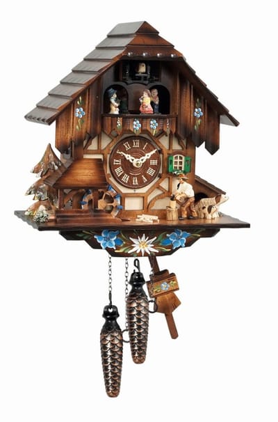 Engstler - 463_MT - Koekoeksklok - 1-daags kettinguurwerk - Notenhout - met muziek met dansend paar - 30 cm