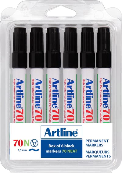 Artline 70 Permanent Marker - Set 6 Stuks - Kogelpunt 1,5mm - Watervast & Wrijfvast - Hervulbaar - Zwart