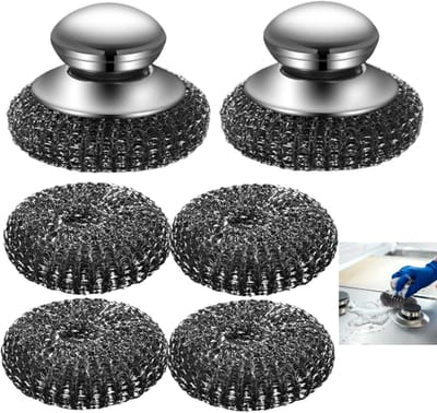 2 reinigingsborstels met handvat + 4 vervangende roestvrijstalen borstelkoppen - Stalen draadborstel - Pannenschrobber - Afwasborstel - Zilver - 10*7 cm - Geschikt voor het verwijderen van vlekken, roest en vet van keukengerei, koekenpannen