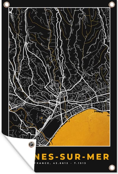 Muurdecoratie Plattegrond - Cagnes-sur-Mer - Kaart - Frankrijk - Stadskaart - 120x180 cm - Tuinposter - Tuindoek