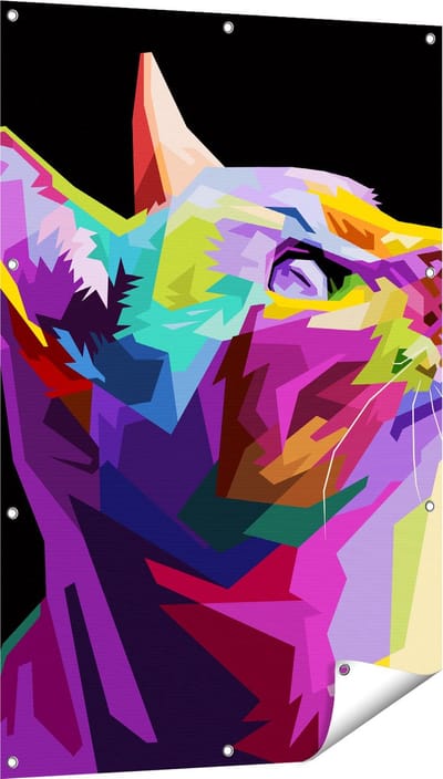 Gards Tuinposter Kleurrijke Kat Kijkt naar Boven - Abstract - 80x120 cm - Tuindoek - Tuindecoratie - Wanddecoratie buiten - Tuinschilderij