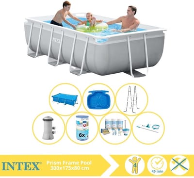 Intex Prism Frame Zwembad - Opzetzwembad - 300x175x80 cm - Inclusief Solarzeil, Onderhoudspakket, Filter, Onderhoudsset en Voetenbad