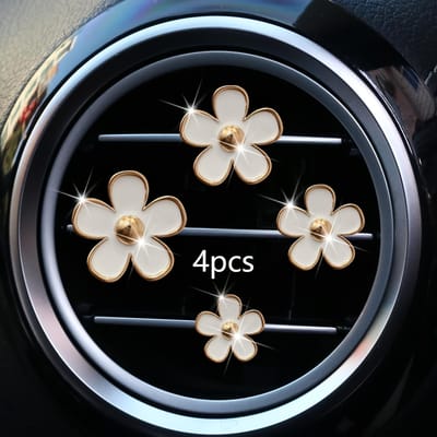 4 pièces/ensemble Universel Fleur Marguerite Alliage Décorations Clip Grille d'Aération Voiture pour Clip Climatiseur Voiture Accessoires Fentes d'Aération blanc