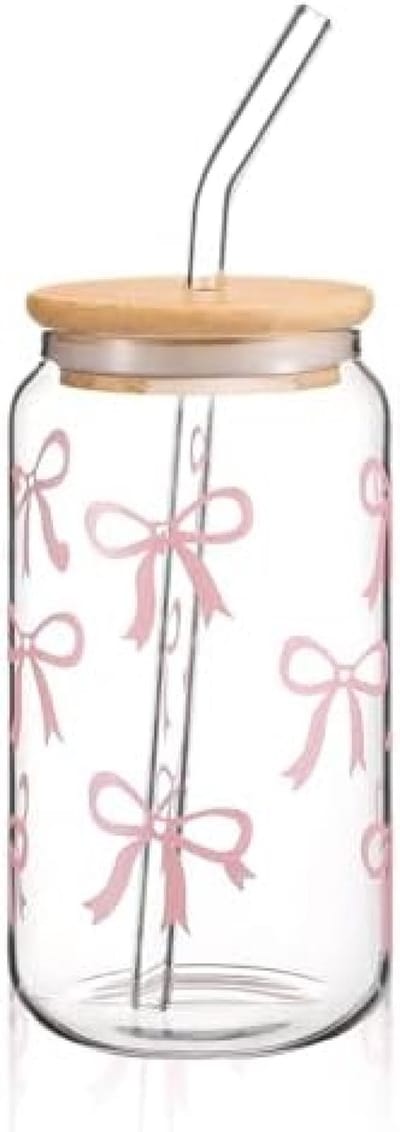 PromoHome Glazen Beker 400 ml met Deksel en Rietje - Elegant Boogdesign Drinkglas voor Koffie, Cocktails, Smoothies - Geschikt als Cadeau - Roze
