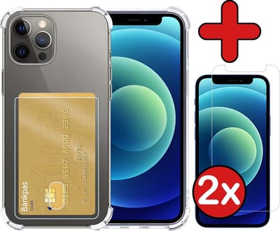 Hoesje - Geschikt voor Apple iPhone 12 Pro - Met 2x Screenprotector - Pashouder - Kaarthouder - Back Cover - Telefoon Hoes Shockproof - Siliconen Case - Shock Proof - Pasjes Houder - Telefoonhoes - Transparant