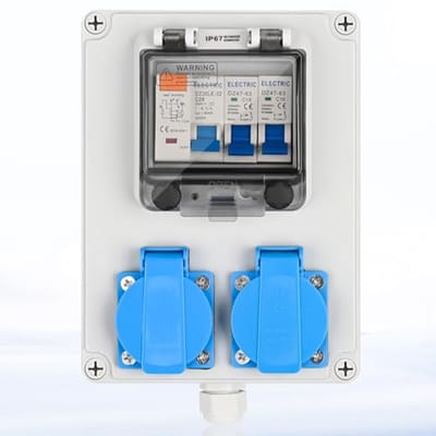 Bouwstroomverdeler met 2 x 230 V Schuko stopcontacten en FI-schakelaar