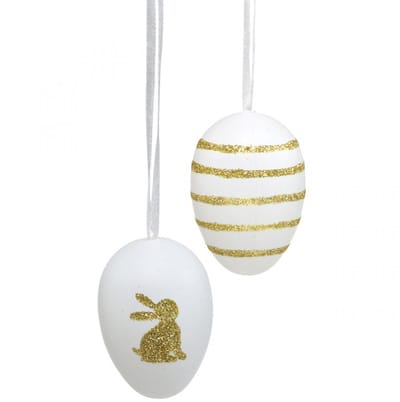 Paaseieren om op te hangen wit, goud kunstmatig gesorteerd H6cm 12st,