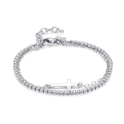 Twice As Nice Armband in edelstaal, dubbele ketting, kruisje 16cm+3cm