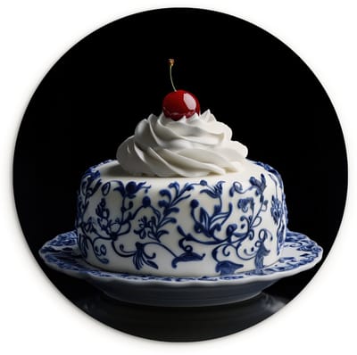 WallCircle® Wandcirkel 60x60 cm - Muurcirkel Taart - Slagroom - Kers - Bord - Delfts blauw - Muurdecoratie woonkamer - Wanddecoratie keuken - Kamer decoratie accessoires - Ronde schilderijen