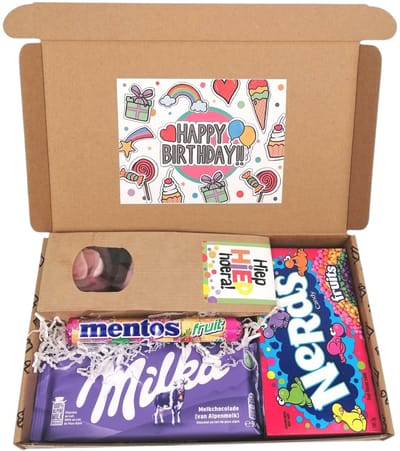 Verjaardag cadeautje - brievenbus pakketje - Happy Birthday - Winegum - Milka - Wonka Nerds – Mentos Fanta