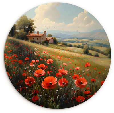 WallCircle® Wandcirkel 120x120 cm - Muurcirkel Klaprozen - Rood - Heuvels - Landschap - Muurdecoratie woonkamer - Wanddecoratie slaapkamer - Kamer decoratie accessoires - Ronde schilderijen XXL