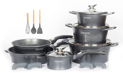 Royalty Line® ES2014 Pannenset Inductie - 17 Delige Pannensets Met Antiaanbaklaag - Pan Met Afneembare Handvaten - Oven Ready - PFOA Vrij - Pannen Voor Alle Warmtebronnen - Zilver