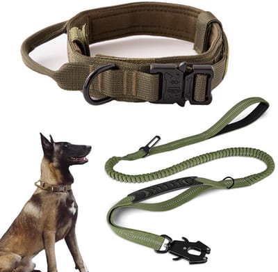 Tactische gewatteerde, ademende, zachte nylon halsband met zwaar metalen gesp, verstelbare basic militaire halsband met handvat voor middelgrote en grote honden,Hondenhalsband+Hondenriem Militair Groen,M