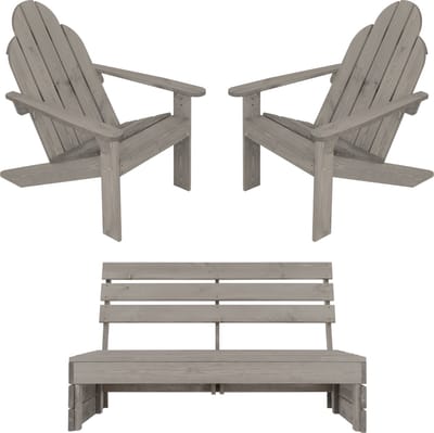 3-delige tuinsetset in grijs, van massief hout: 3-zits tuinbank 120x70x76,5 cm met 2 Adirondack-tuinstoelen 70x89x92,5 cm ML-Design