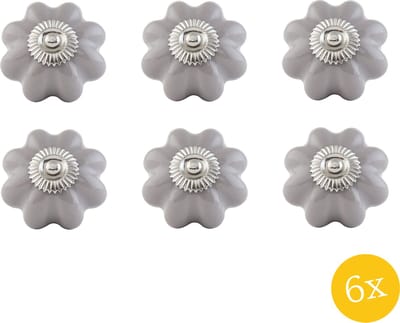 Clayre & Eef Deurknop set van 6 stuks Ø 4 cm Grijs Keramiek Meubelknop