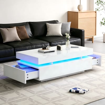 Salontafel - 100x50x35cm - LED Hoogglans 2 Lades - Koffietafel Open Opbergruimte Glazen Scheidingswand - Hout MDF - Wit