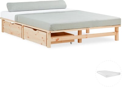 Homestyle4u Palletbed - 140x200 cm - Houten bed - met matras - Bedbak - Natuur