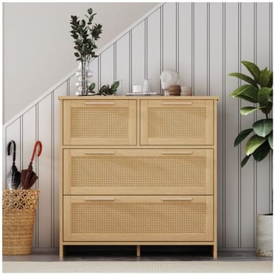 Armoire en rotin de haute qualité à 4 tiroirs avec poignées en bois massif Dimensions L80/H80/T38 cm