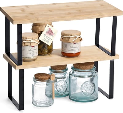 Zeller keukenrek/opbergrek/aanrecht organizer - 2x - zwart - 36 x 16 x 16 cm - metaal/bamboe hout