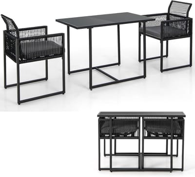 KOMFOTTEU 3-delige meubelset, tafel en 2 stoelen van PE-rotan, eettafelset met klapstoelen, afneembare kussens, glazen tafel, voor tuin, terras, tereza