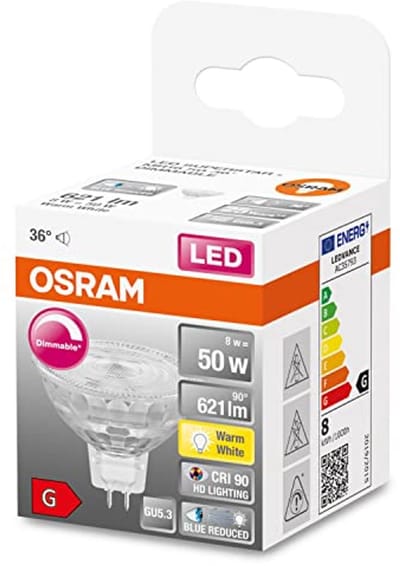 Dimbare LED lamp met hoge kleurweergave (CRI90), GU5.3-basis, helder glas, warm wit (2700K), 621 lumen, vervanger voor 50W-verlichting, 1-pak