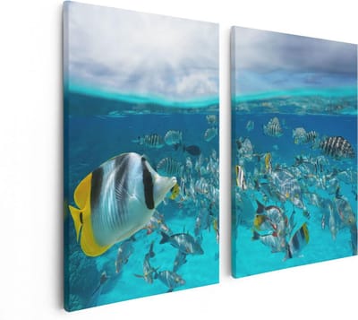 Artaza Canvas Schilderij Tweeluik Zwerm Gele Vissen in het Water - 80x60 - Foto Op Canvas - Canvas Print