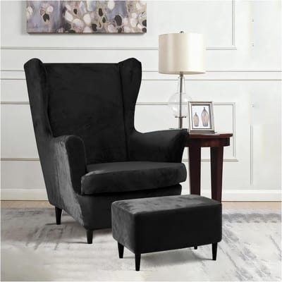 Retro 3-delige Fauteuil met Poef en Verlengde Katoenen Armleuningen, Stofbestendig en Wasbare Hoofdkussenhoes voor Woonkamer en Restaurant, Donkergrijs