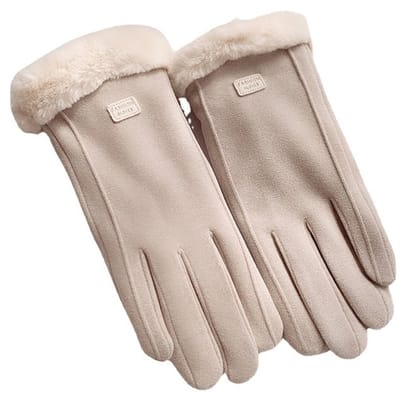 Winterhandschoenen - Suede - Touchscreen handschoenen - Fleece voering - Met bontkraag - Antislip - Winddicht - Warm - Gebroken wit