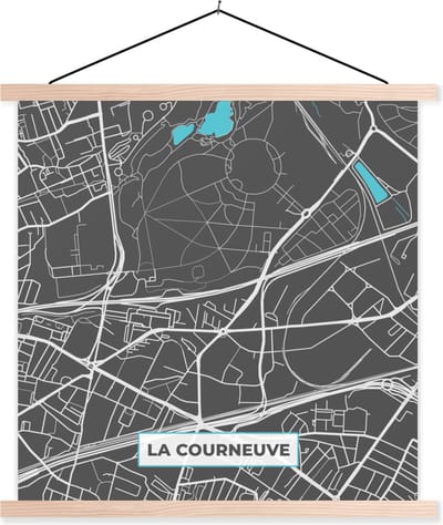 Posterhanger incl. Poster 40x40 cm - Schoolplaat - La Courneuve - Frankrijk - Plattegrond - Stadskaart - Kaart - Textielposter - Blanke latten - Stadskaart
