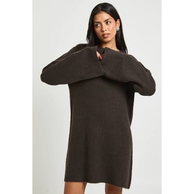 boohoo Dames Gebreide Mini Jurk met Ronde Hals en Uitlopende Mouwen | Chocolate | Maat: Small